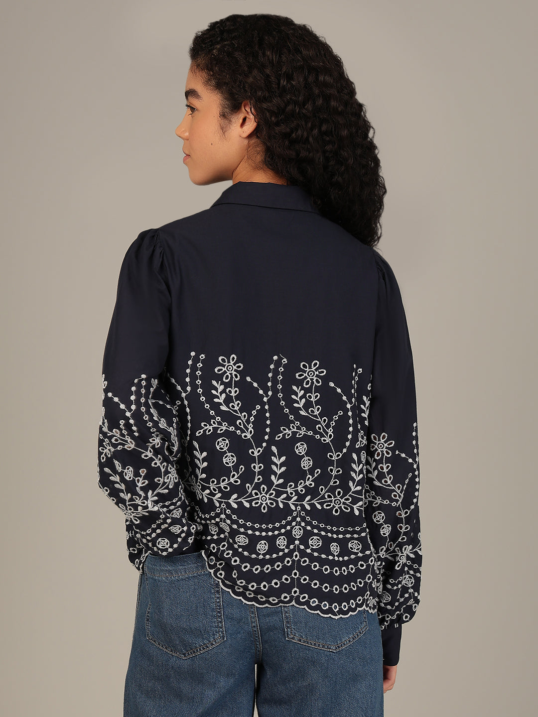 Organic Cotton Embroidered Shirt - Navy