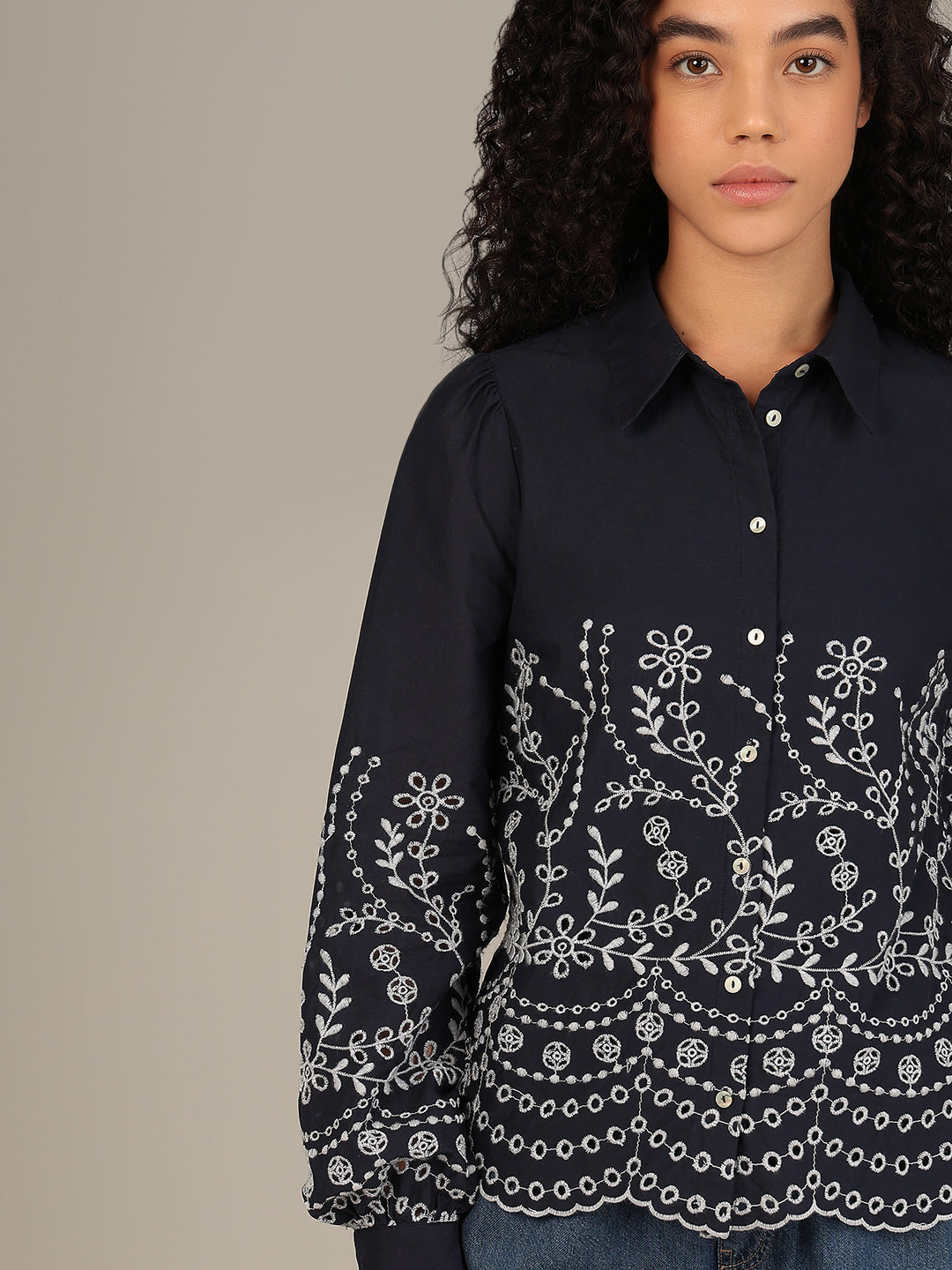 Organic Cotton Embroidered Shirt - Navy