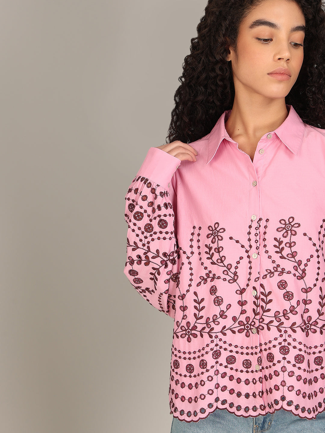Organic Cotton Embroidered Shirt - Pink
