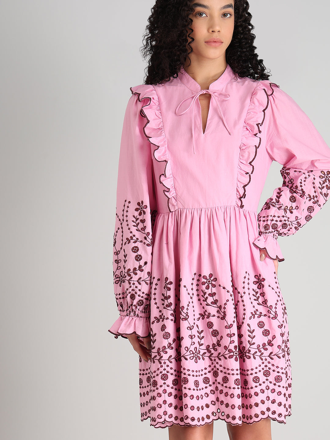 Pink Smocked Embroidered Sleeves Dress