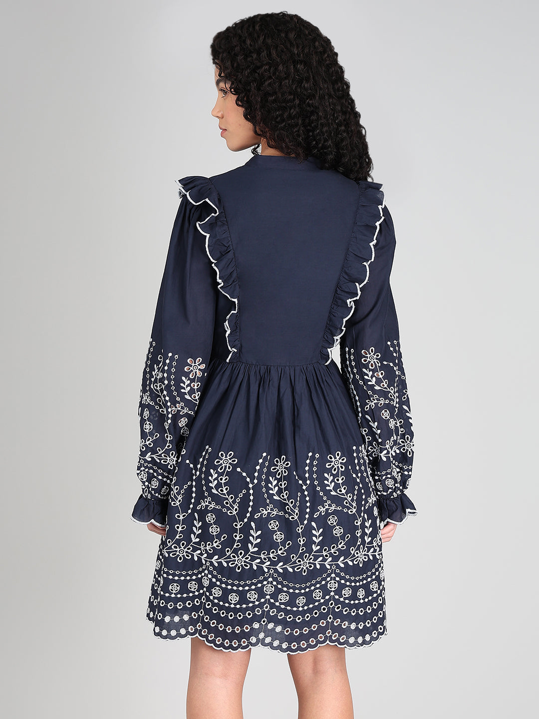Navy Smocked Embroidered Sleeves Dress