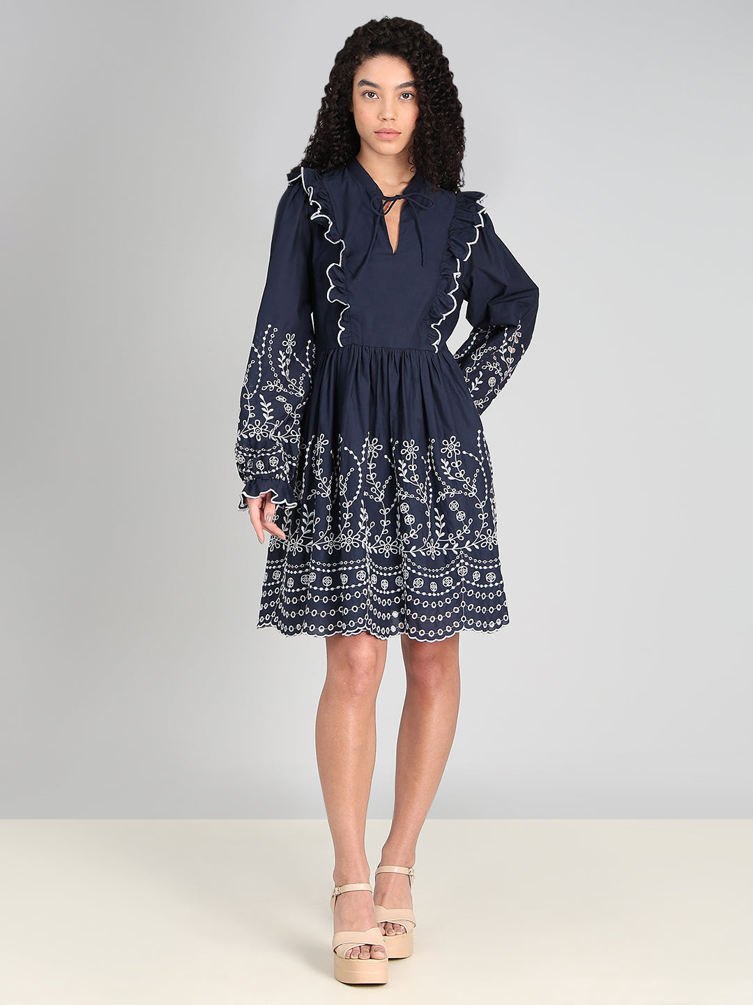 Navy Smocked Embroidered Sleeves Dress