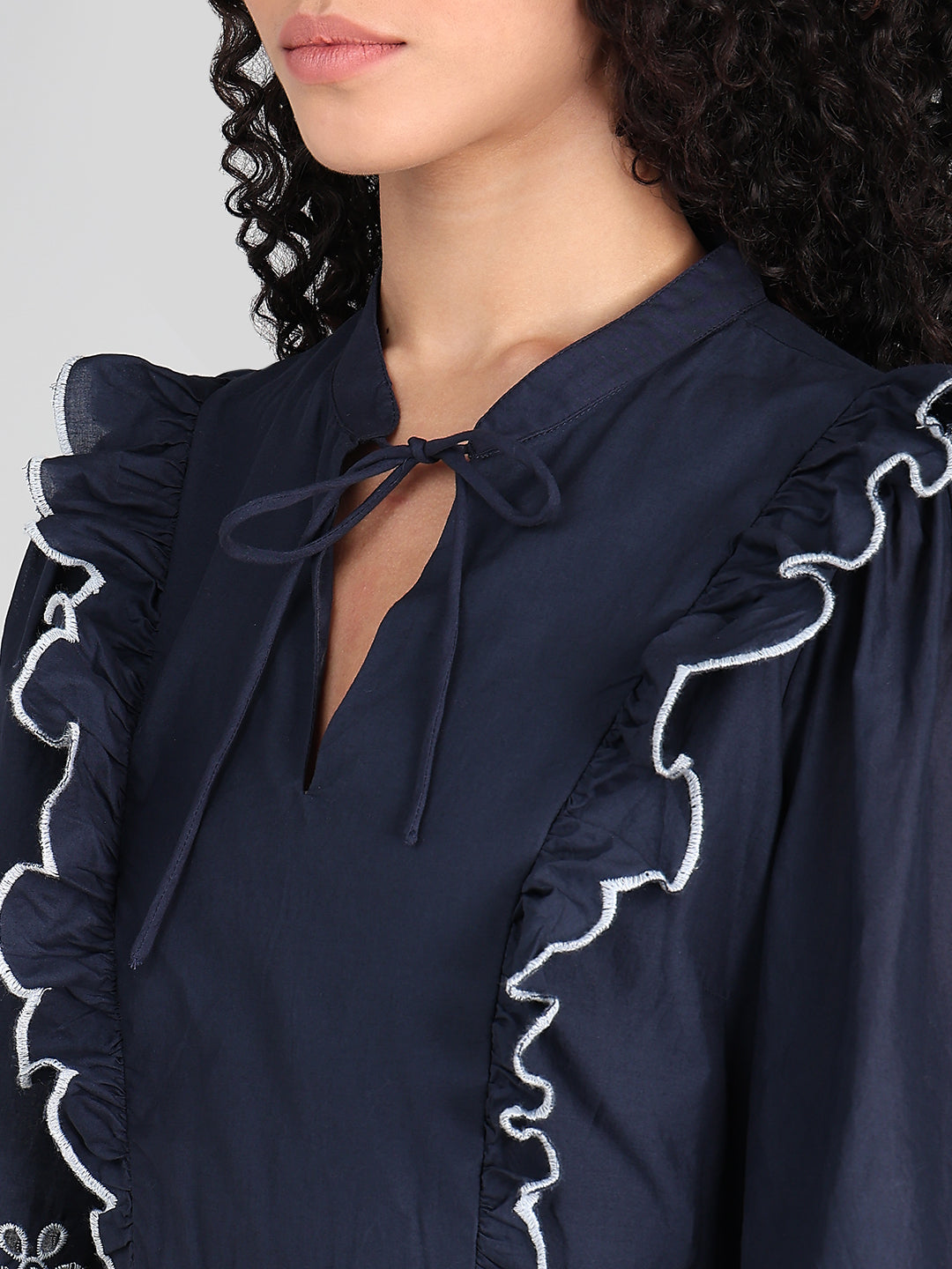 Navy Smocked Embroidered Sleeves Dress