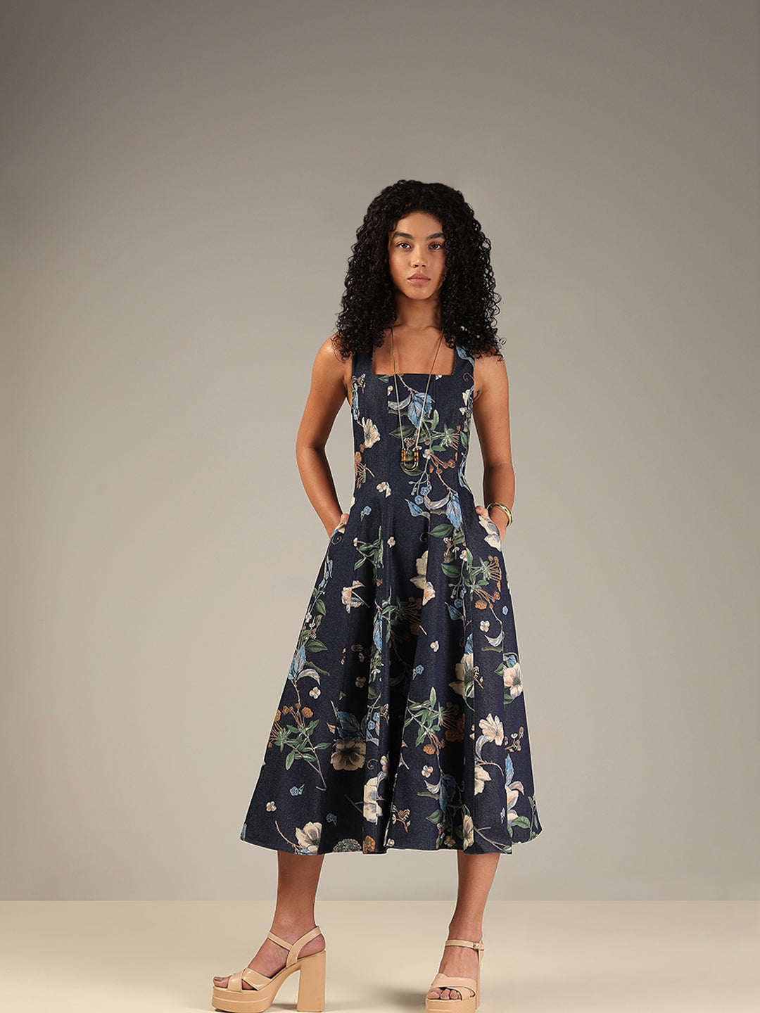 Dark Blue Denim Floral Dress