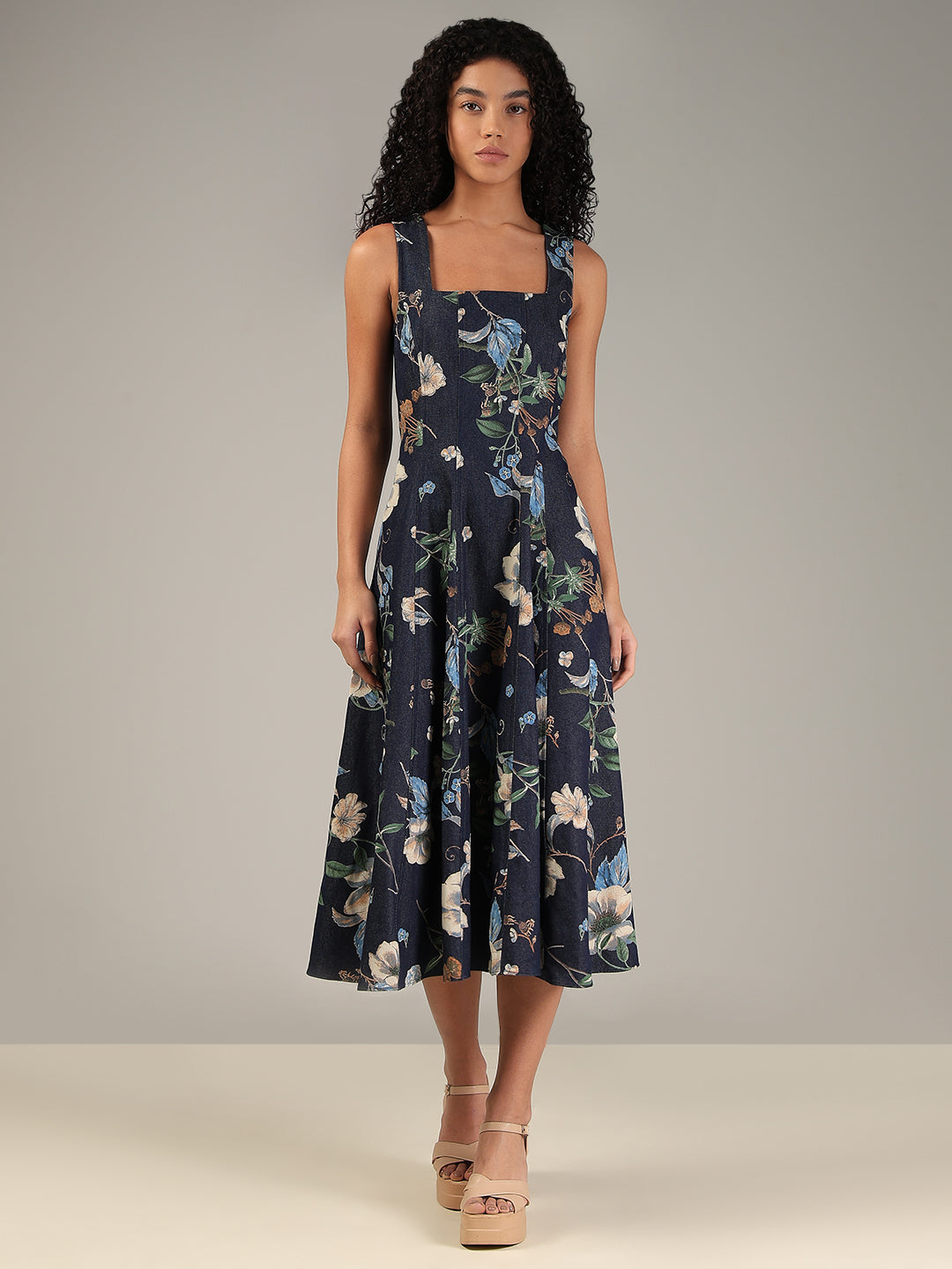 Dark Blue Denim Floral Dress