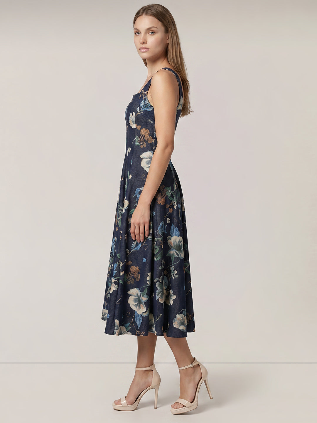 Dark Blue Denim Floral Dress
