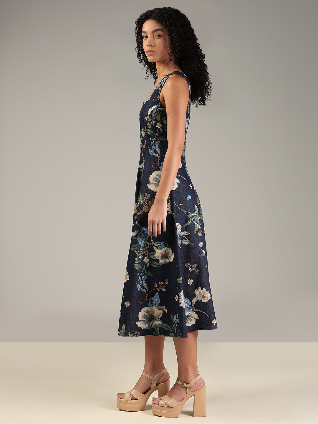 Dark Blue Denim Floral Dress