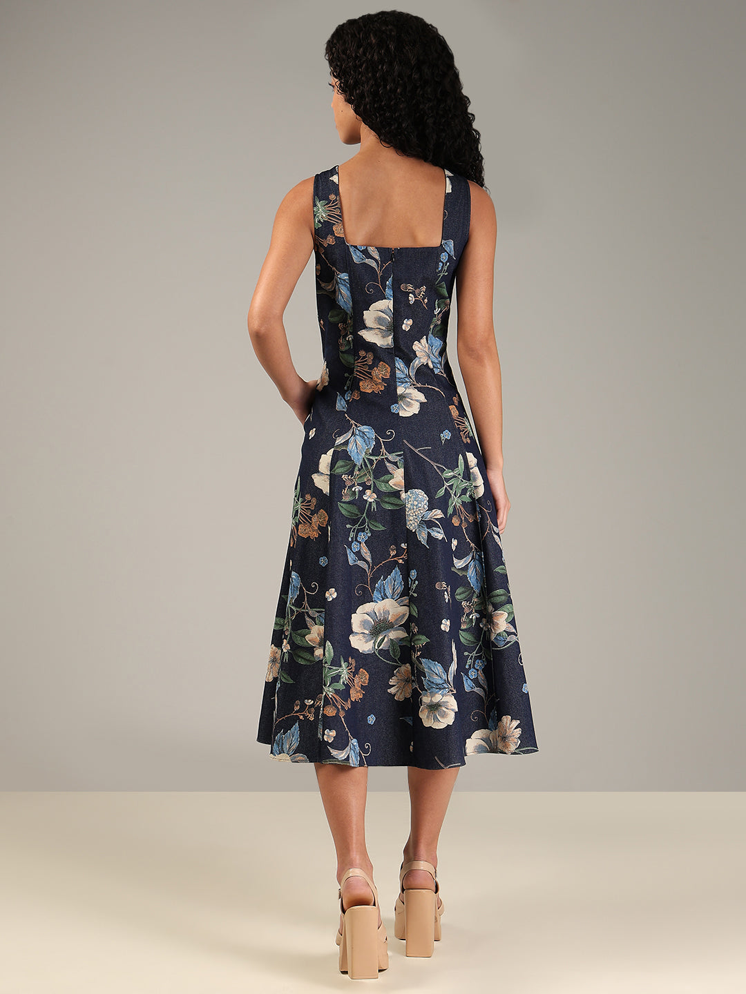 Dark Blue Denim Floral Dress