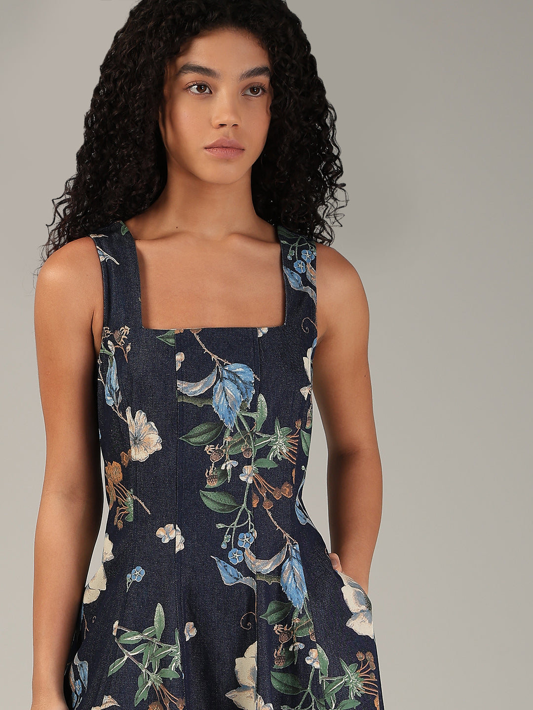 Dark Blue Denim Floral Dress