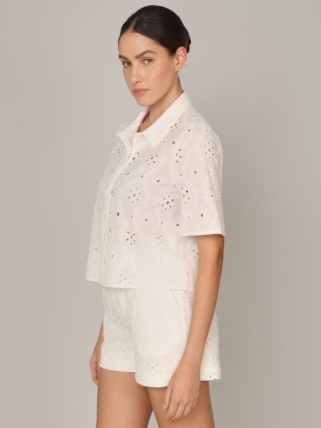 White Floral Cut-Work Shirt