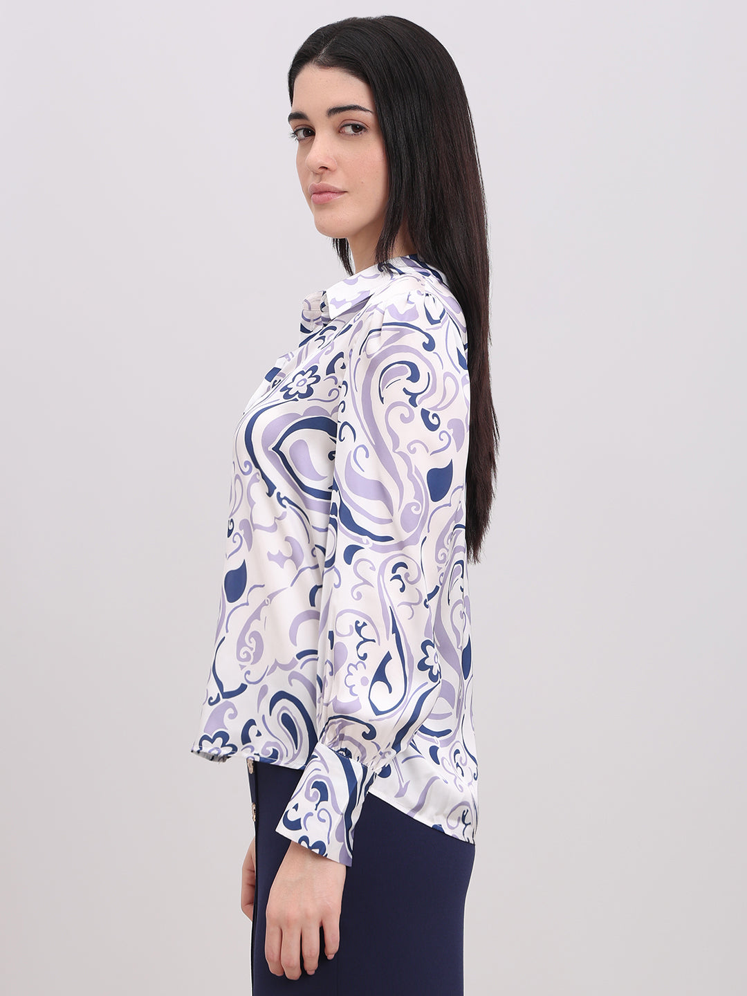White & Blue Paisley Print Shirt