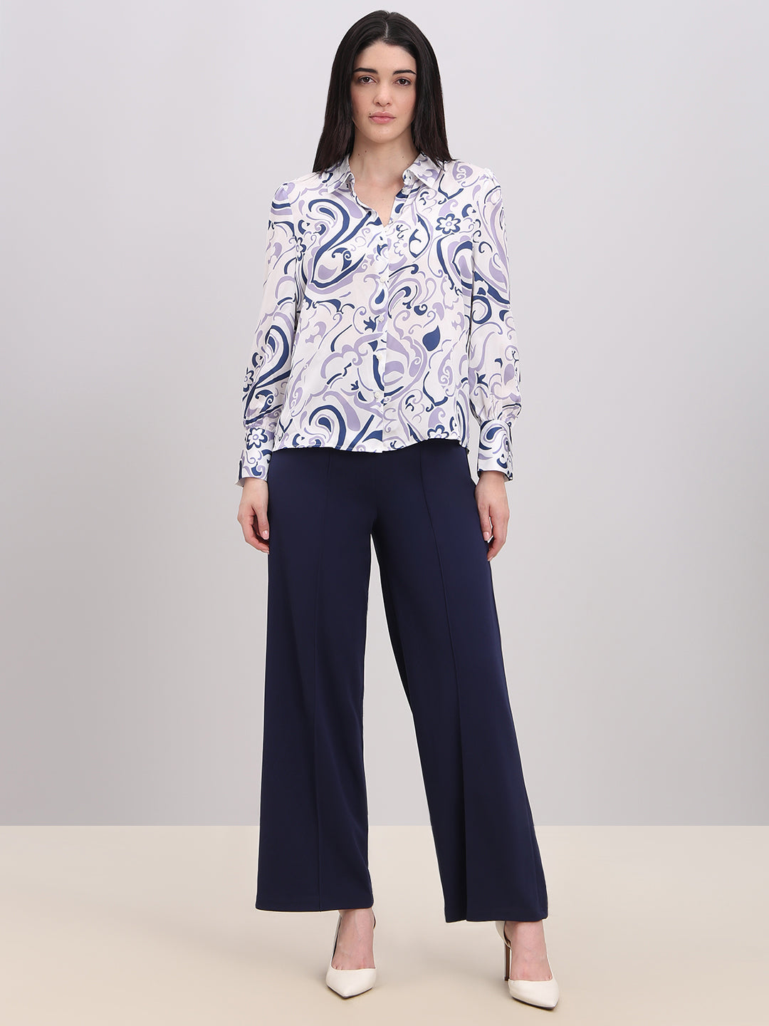 White & Blue Paisley Print Shirt