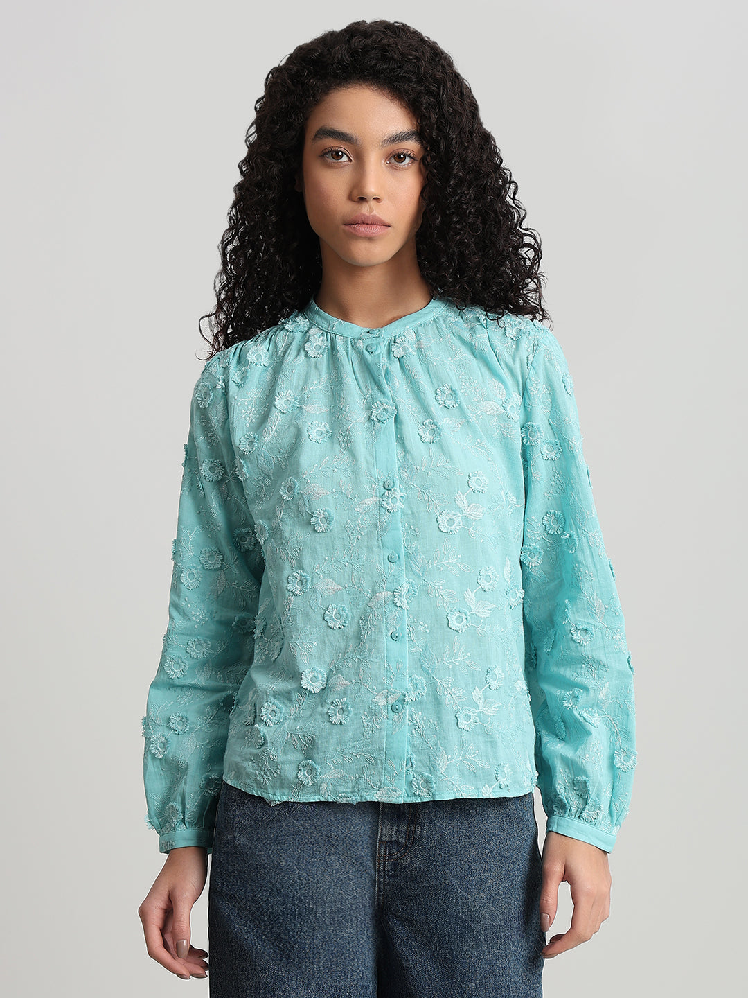 Aqua Floral Textured Cotton Top
