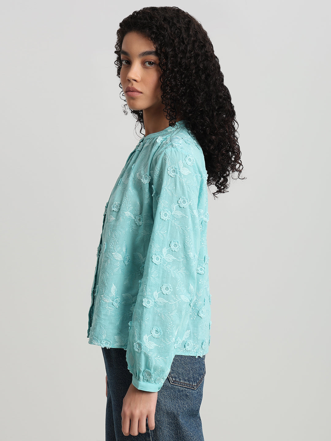 Aqua Floral Textured Cotton Top