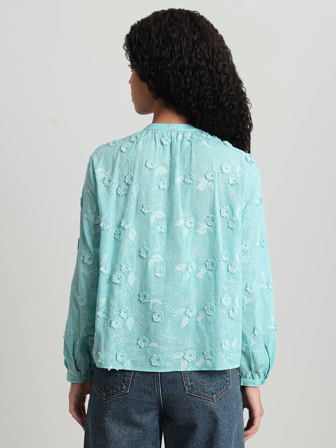 Aqua Floral Textured Cotton Top