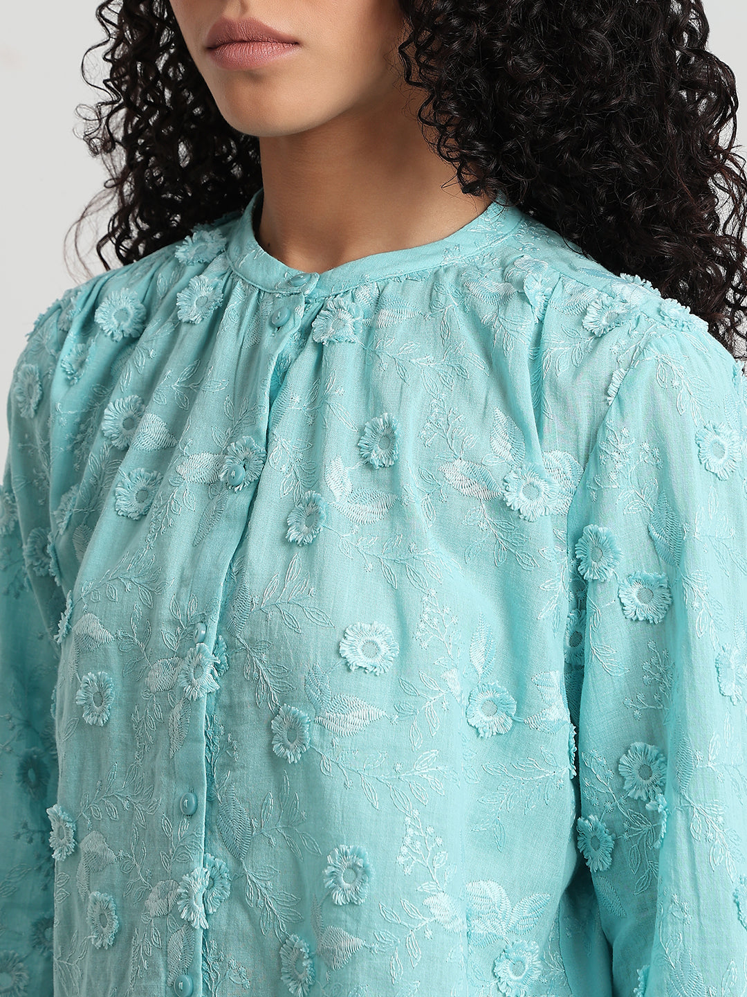 Aqua Floral Textured Cotton Top