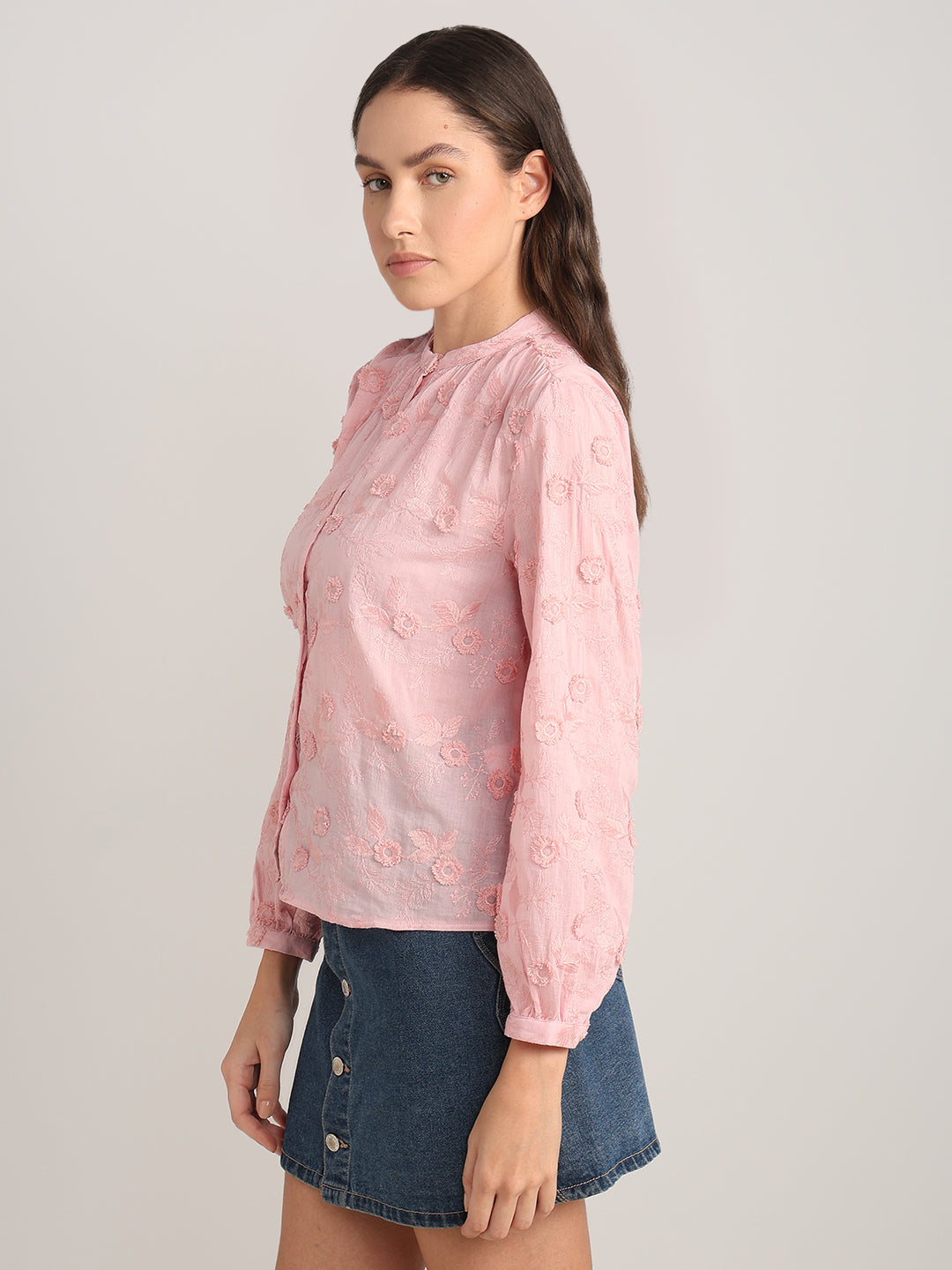 Pink Floral Textured Cotton Top