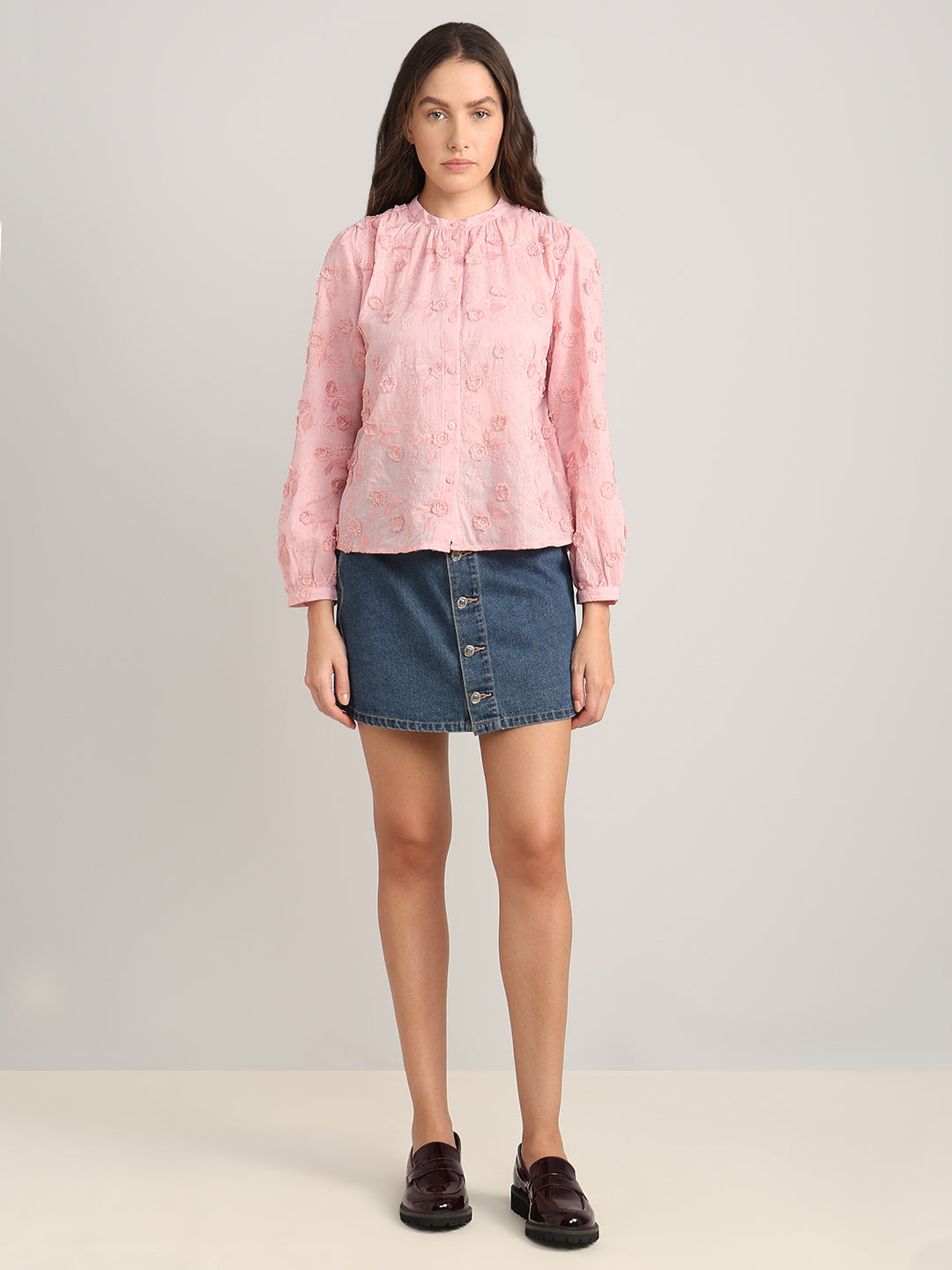 Pink Floral Textured Cotton Top