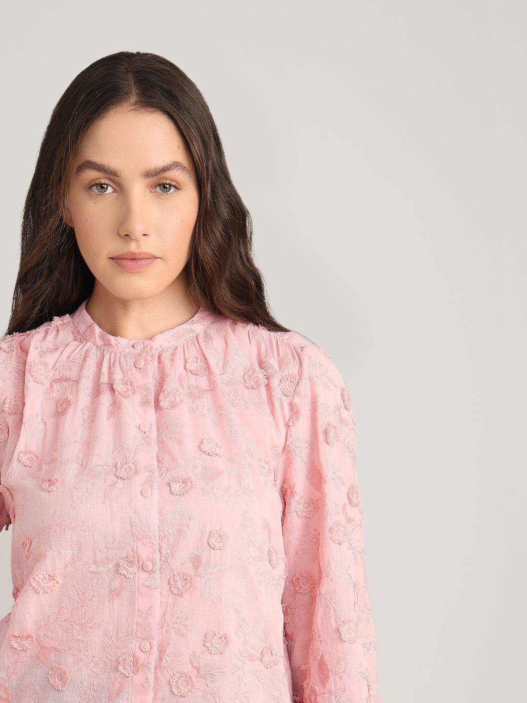 Pink Floral Textured Cotton Top