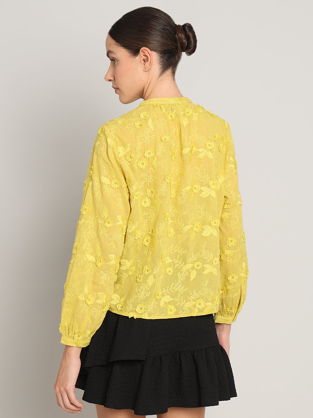 Yellow Floral Textured Cotton Top