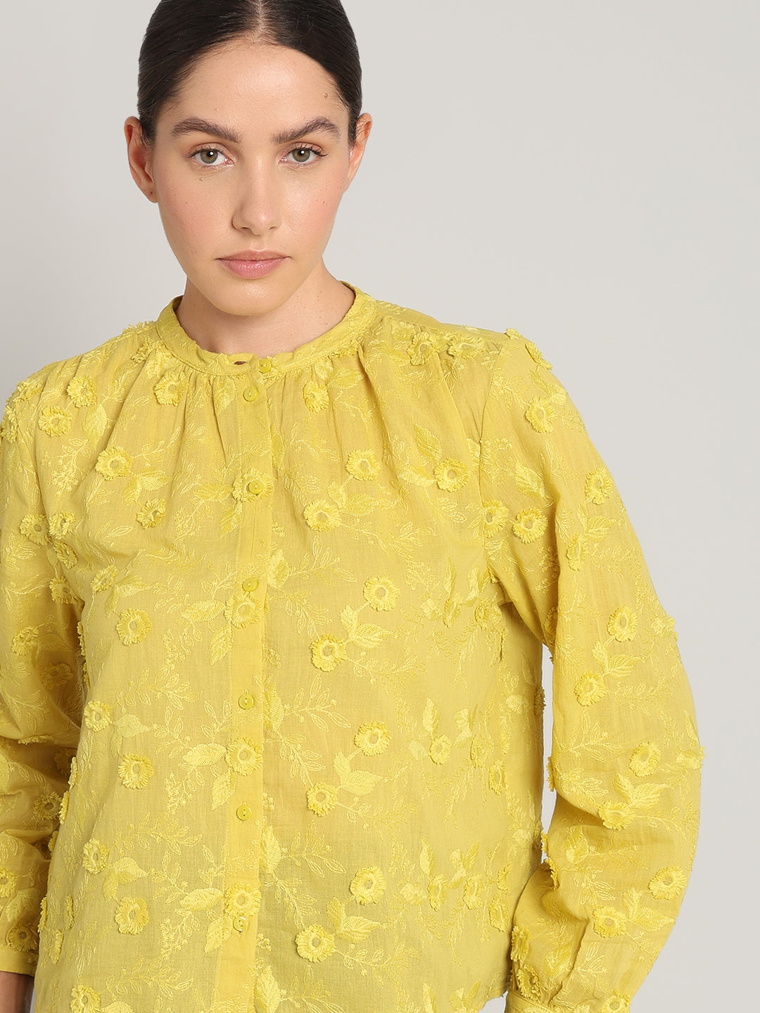 Yellow Floral Textured Cotton Top