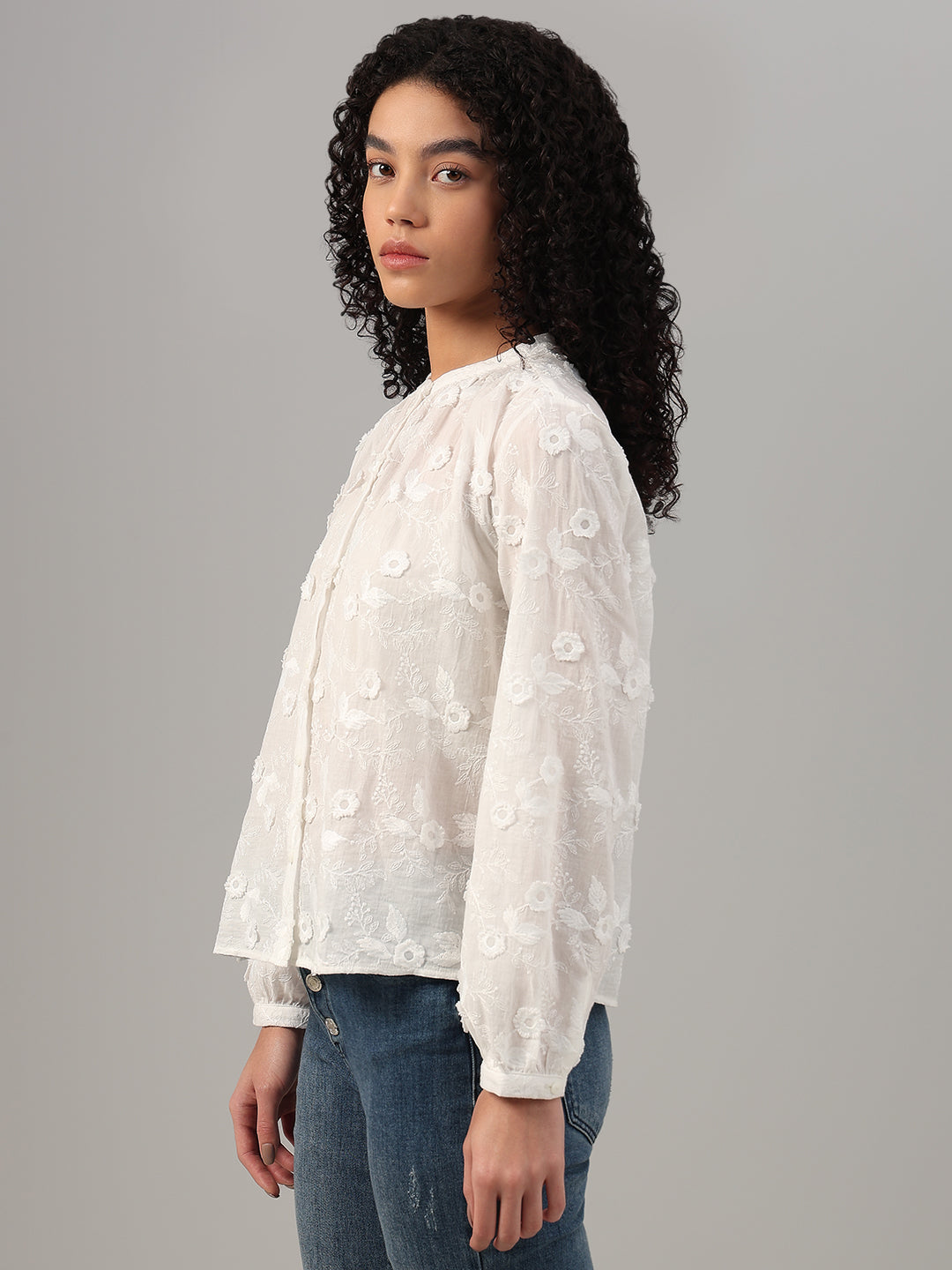 White Floral Textured Cotton Top