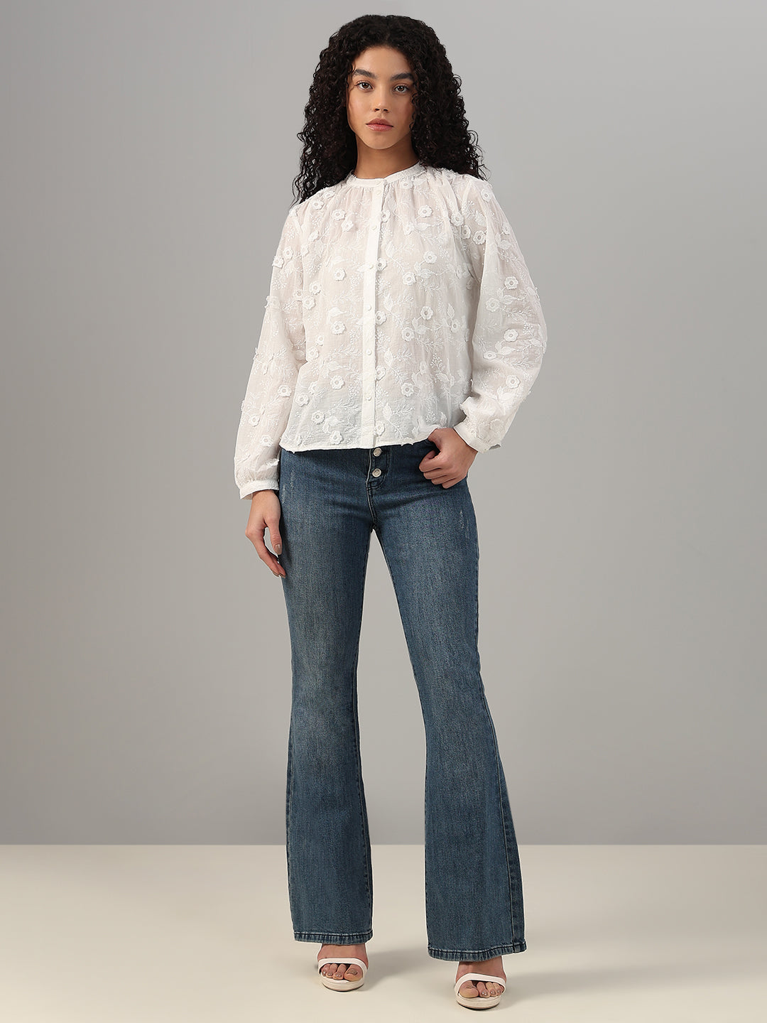 White Floral Textured Cotton Top