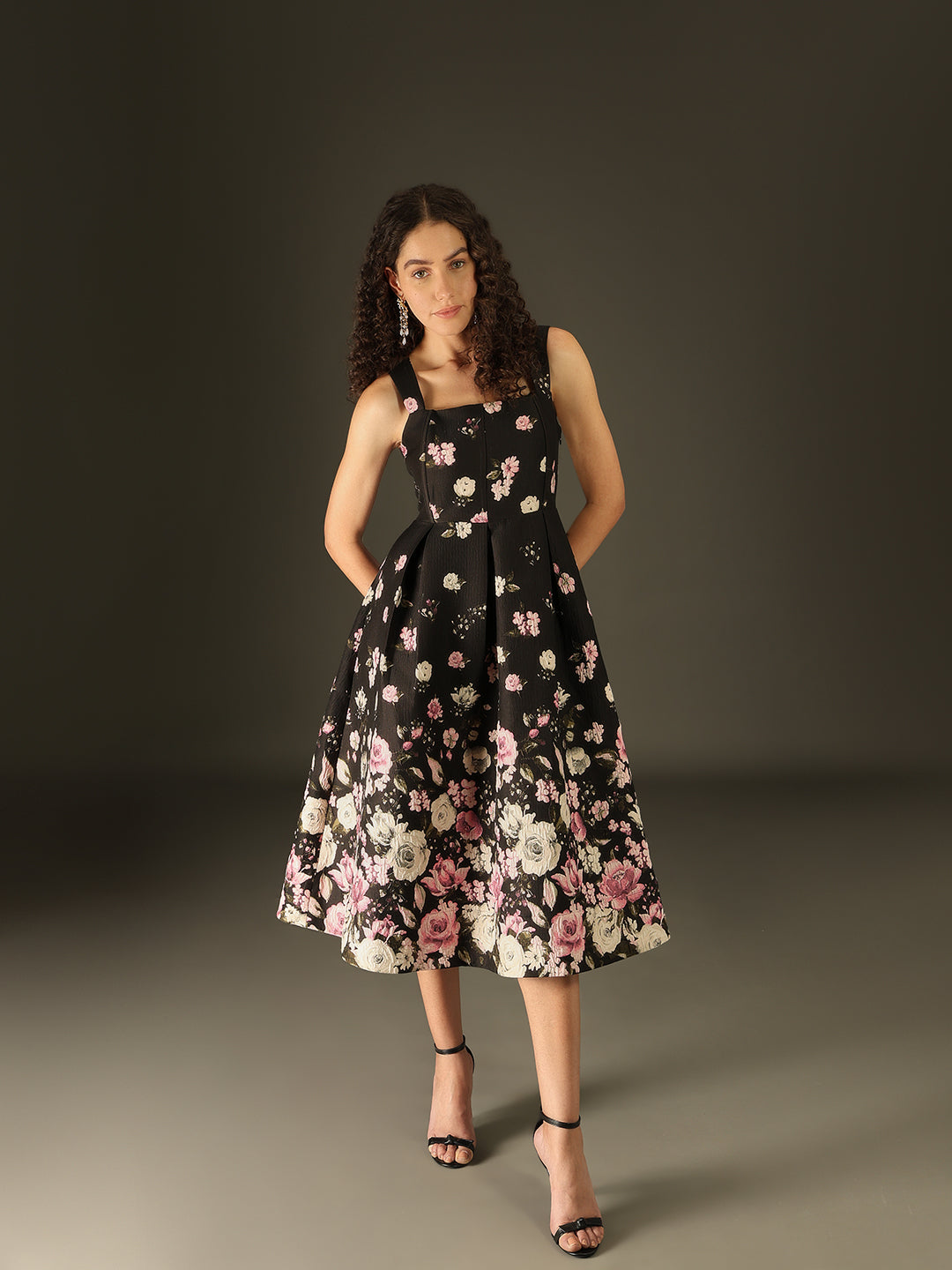 MARQUEE Black Floral Midi Dress
