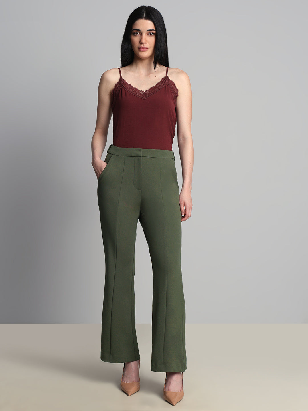 Green High Rise Flared Pants