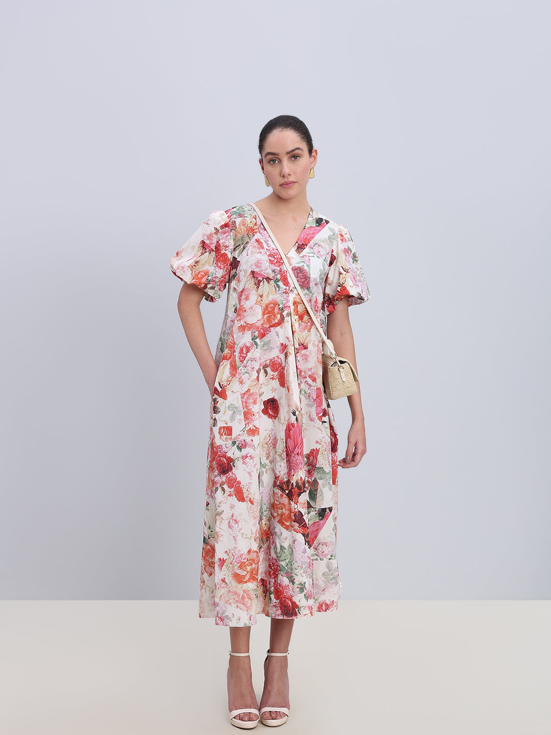 Beige Floral Long Dress