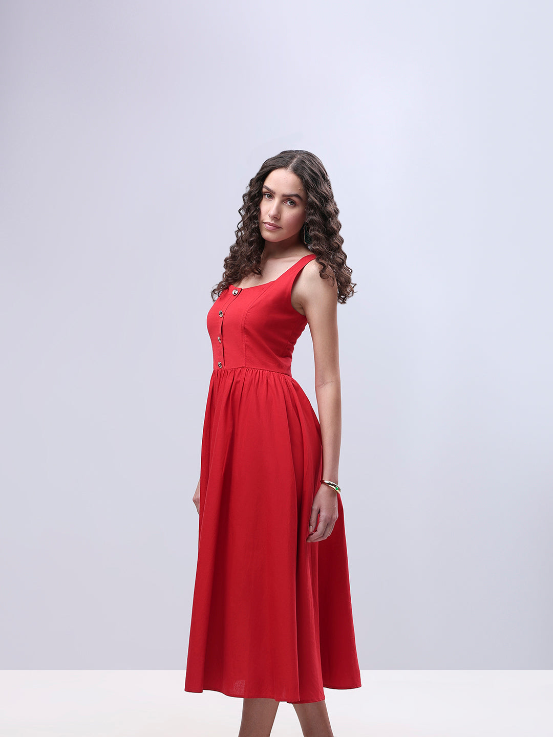 Red Button-Detail Midi Dress