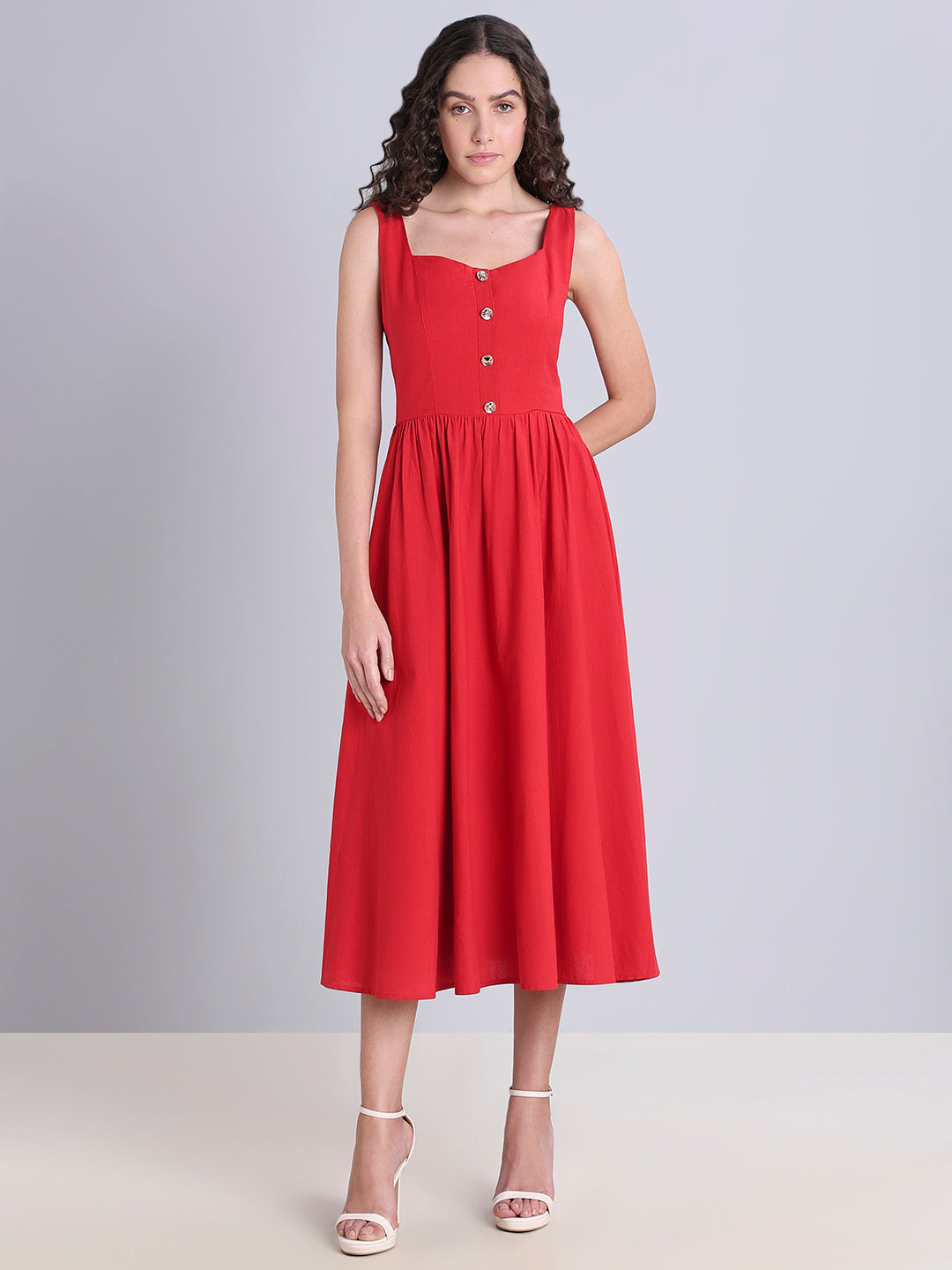 Red Button-Detail Midi Dress