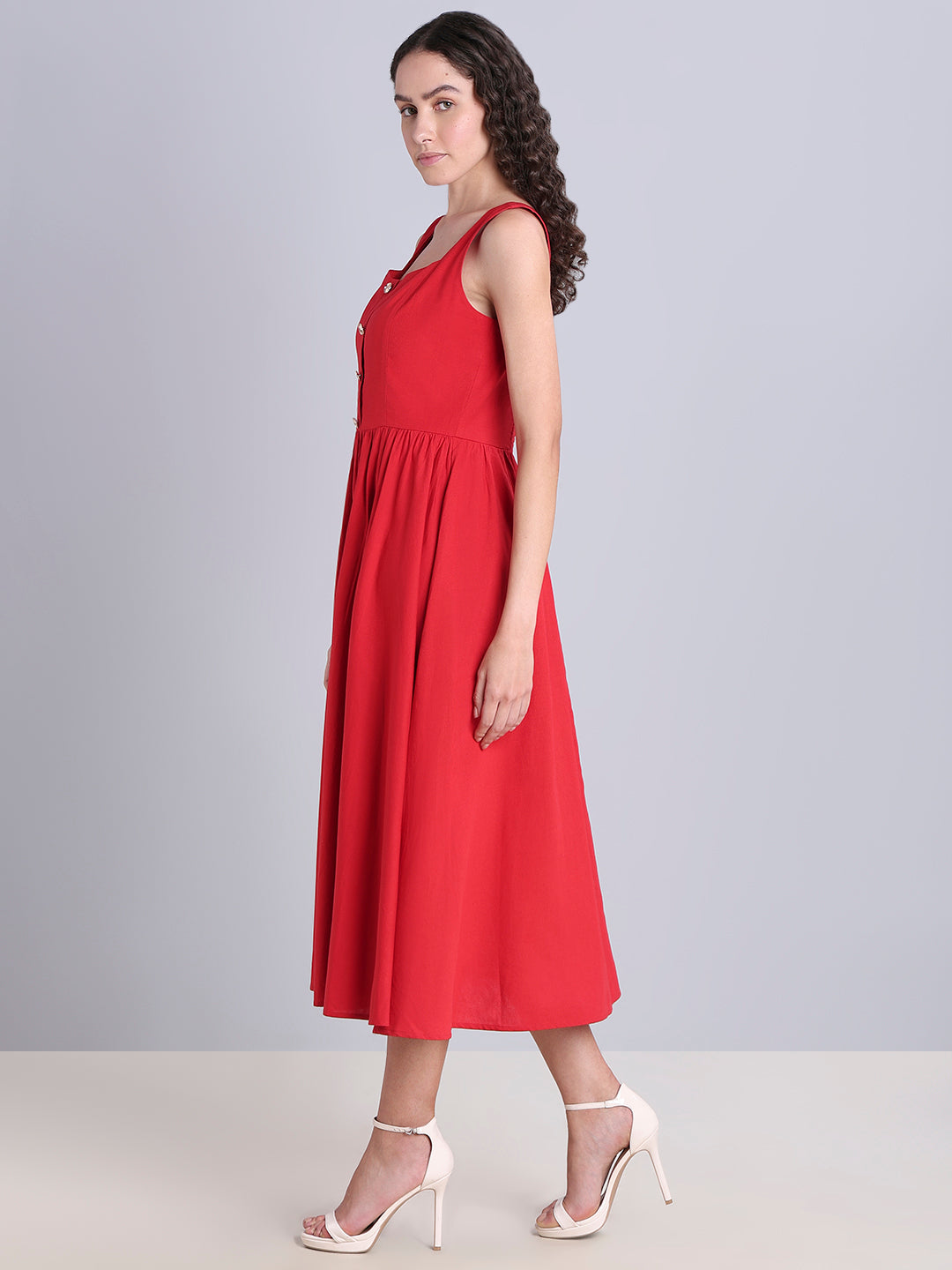 Red Button-Detail Midi Dress