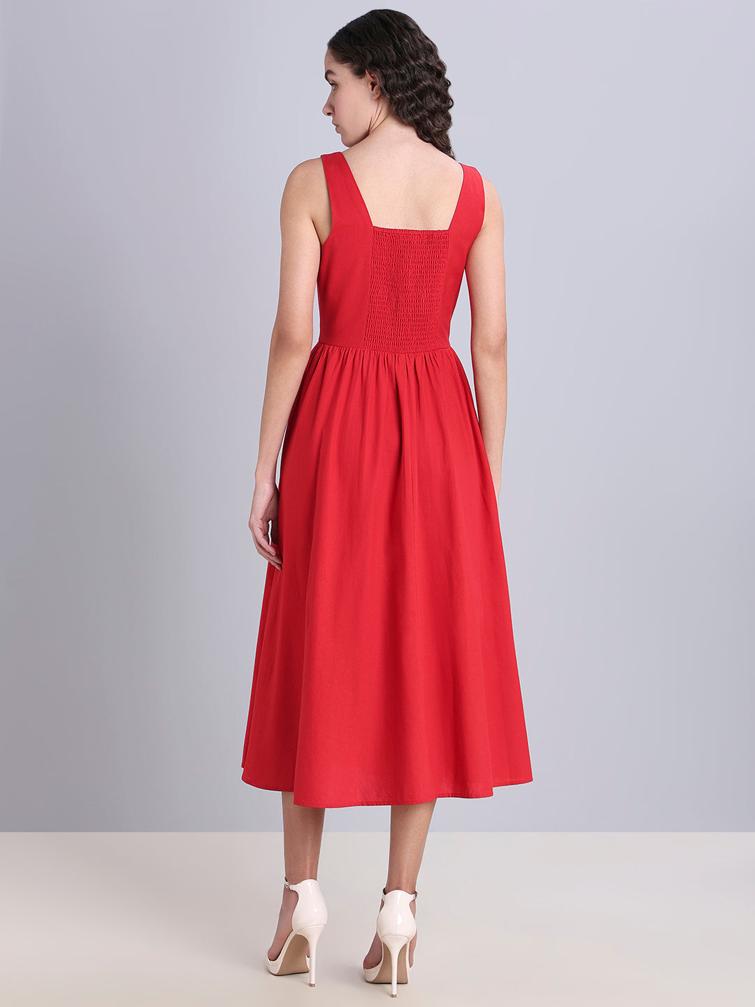 Red Button-Detail Midi Dress