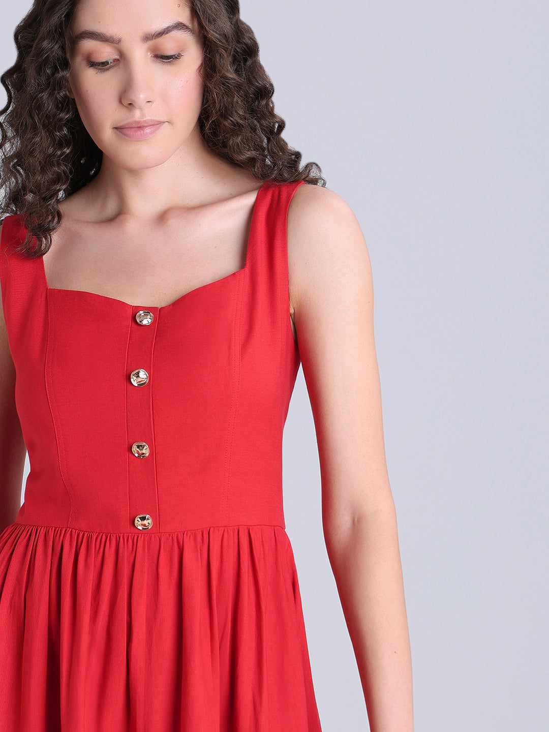 Red Button-Detail Midi Dress