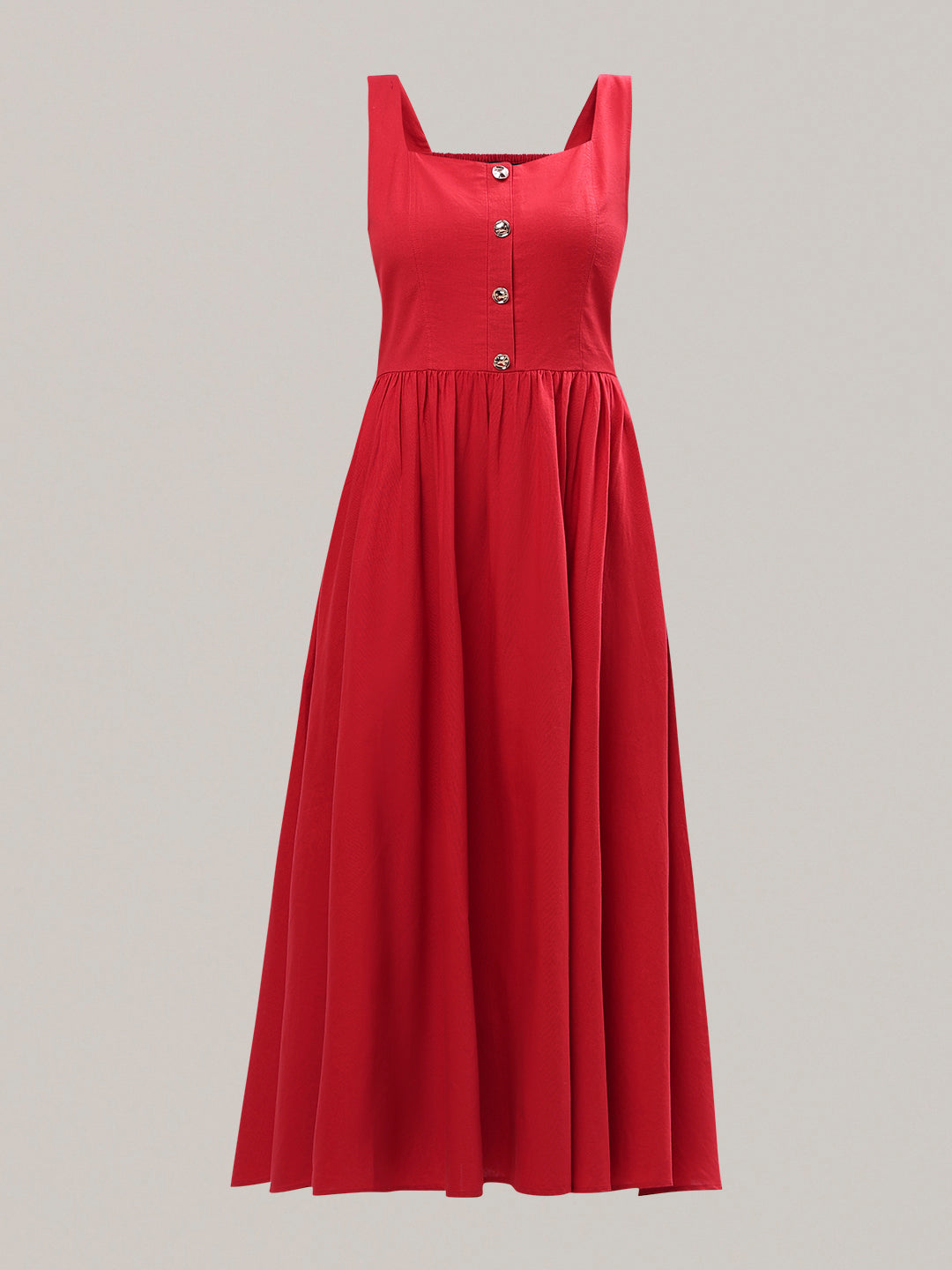 Red Button-Detail Midi Dress