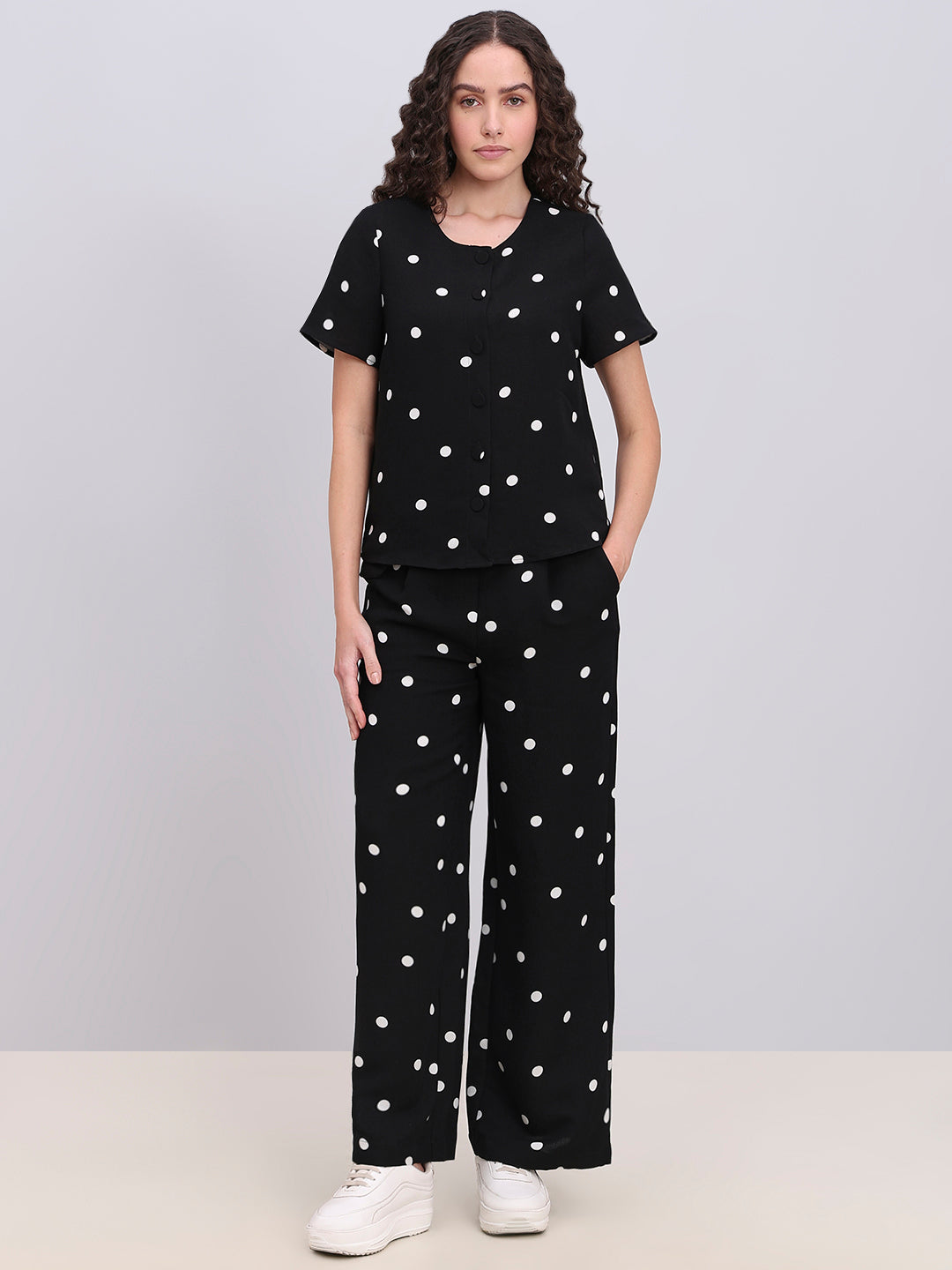 Black Polka Dot Button-Up Top