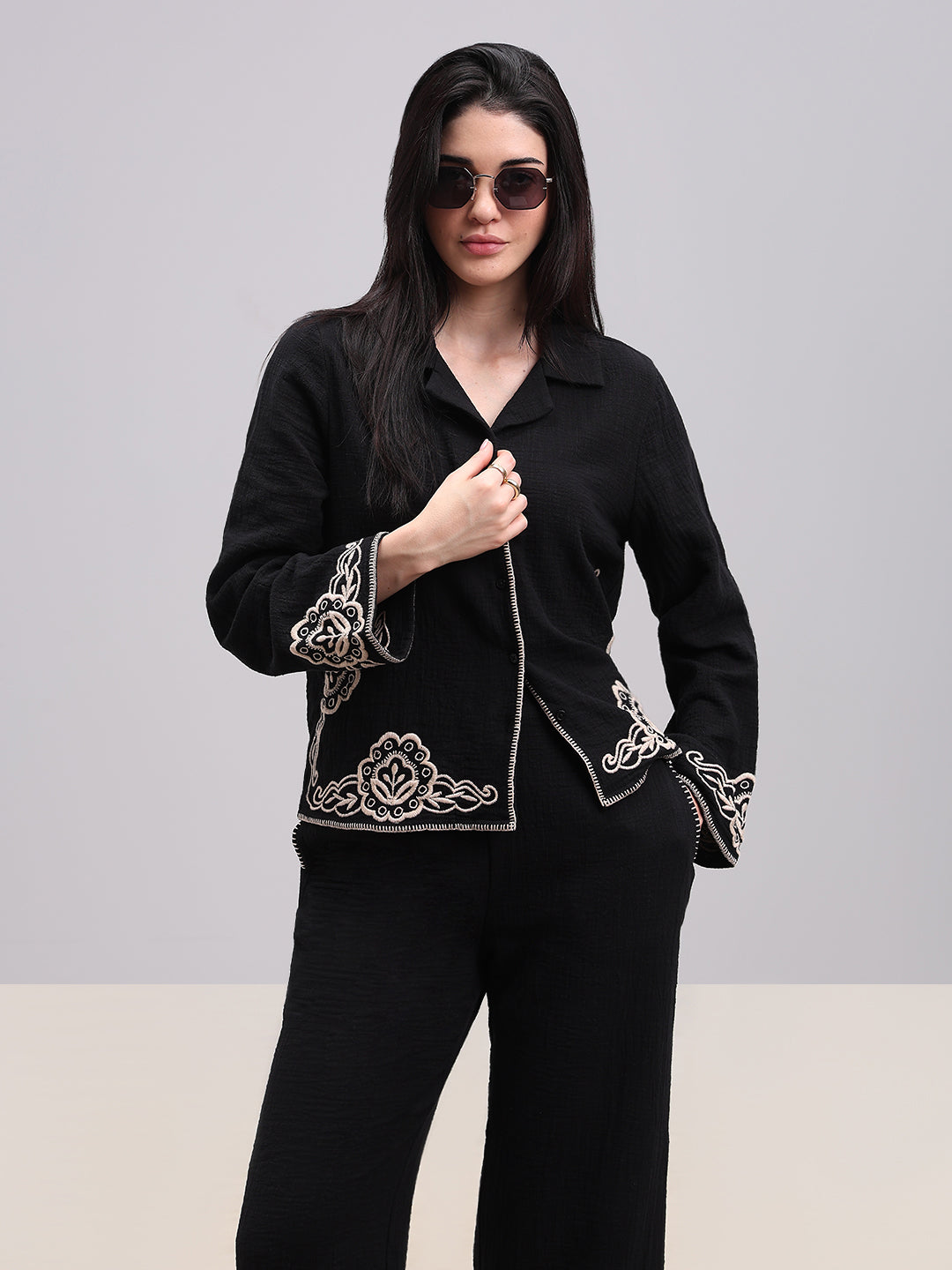 Black Contrast Embroidered Shirt