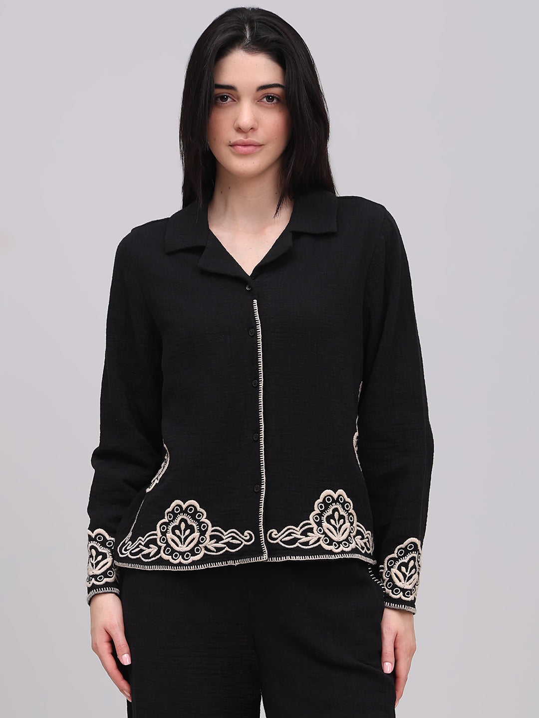 Black Contrast Embroidered Shirt