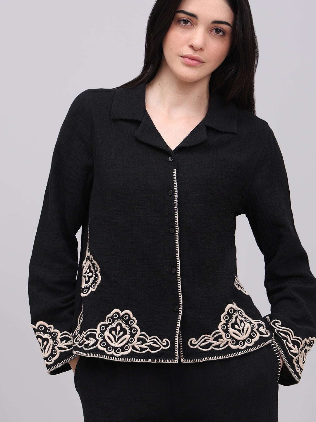 Black Contrast Embroidered Shirt