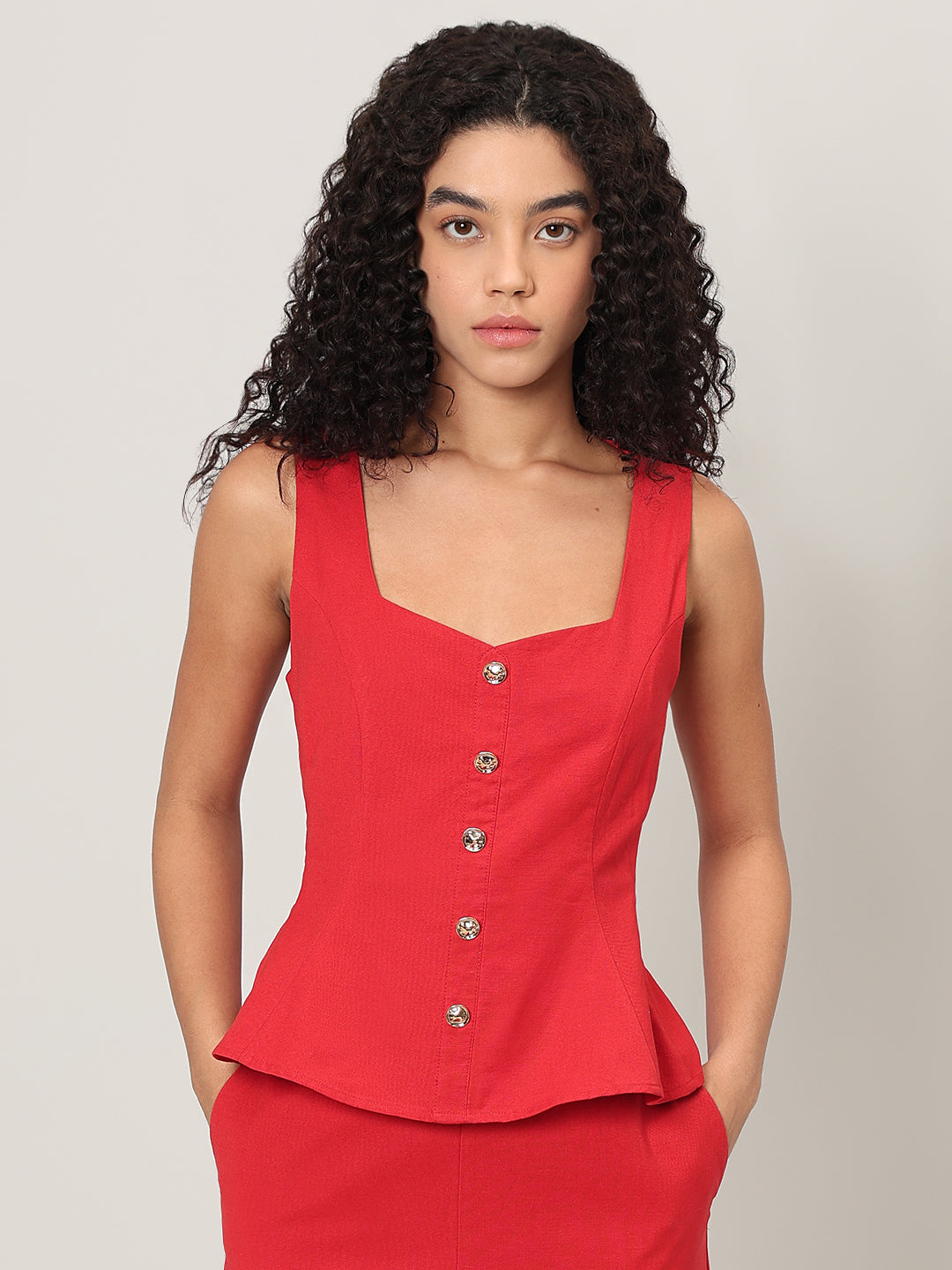 Red Button-Detail Sleeveless Top
