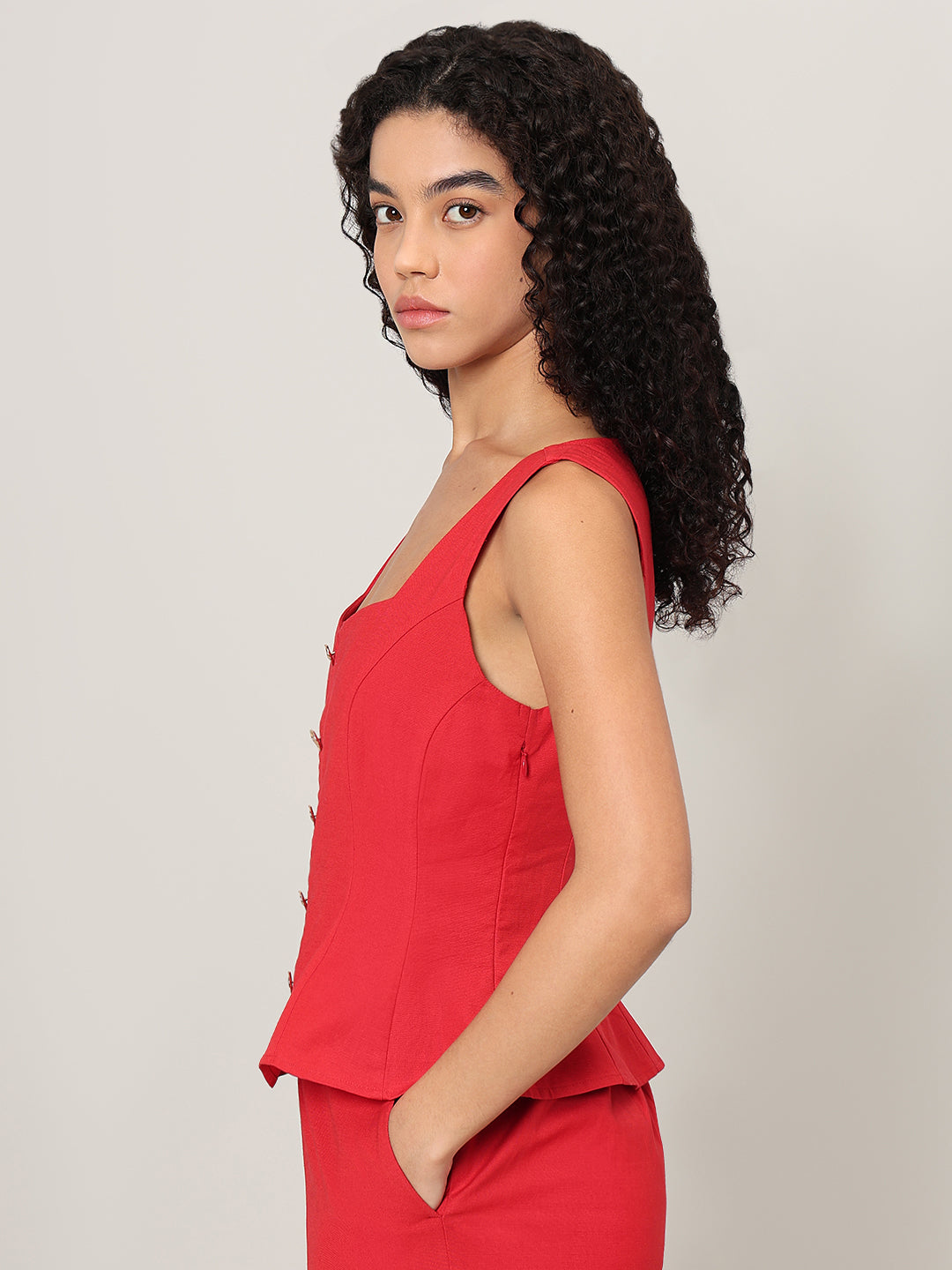 Red Button-Detail Sleeveless Top