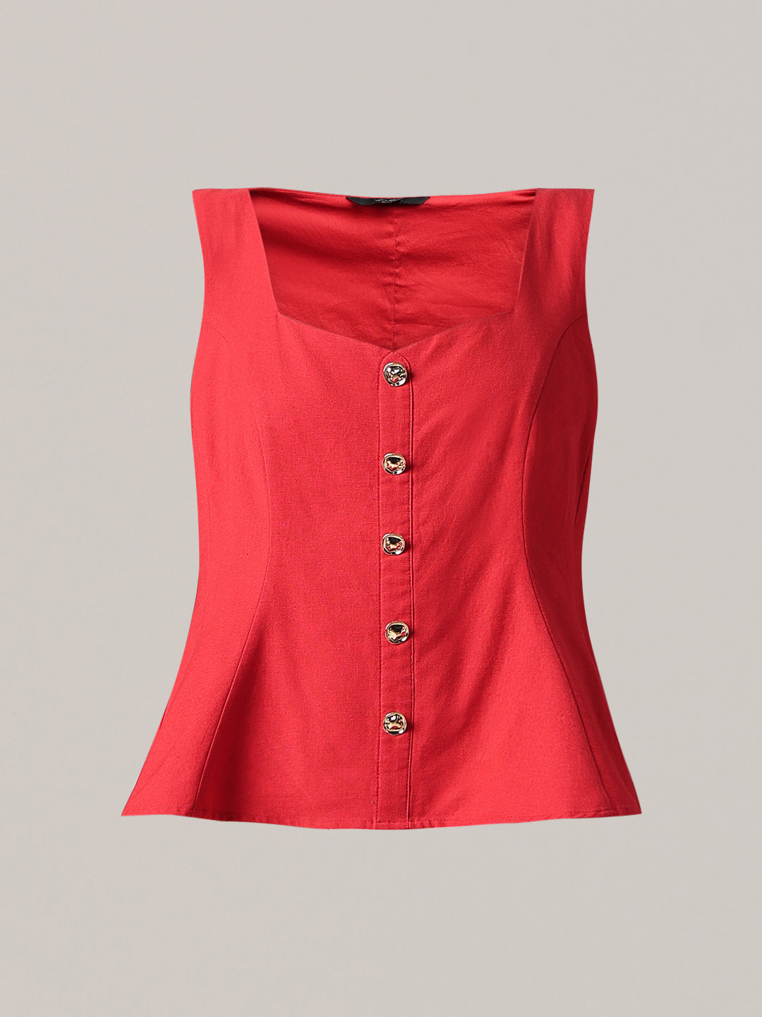 Red Button-Detail Sleeveless Top