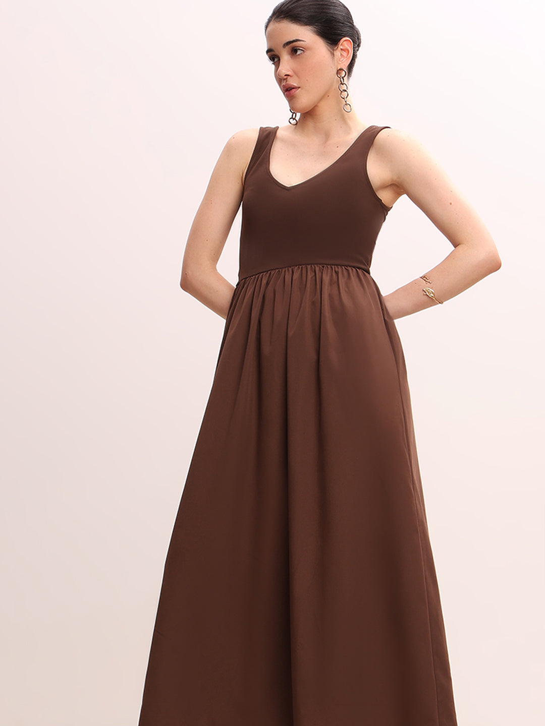 sachin and babi light blue dress Ambraee Brown Cut-out Cotton Maxi Dress for Women | V-Neck Sleeveless  Gathered Dress