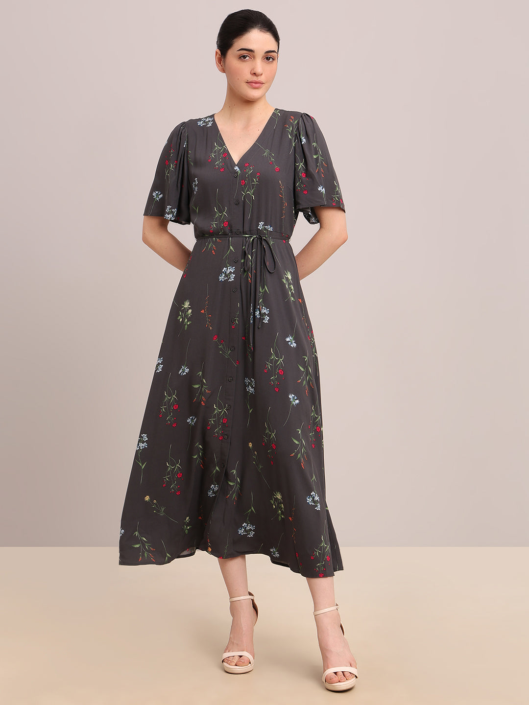 Grey Floral V-Neck Midi Dress