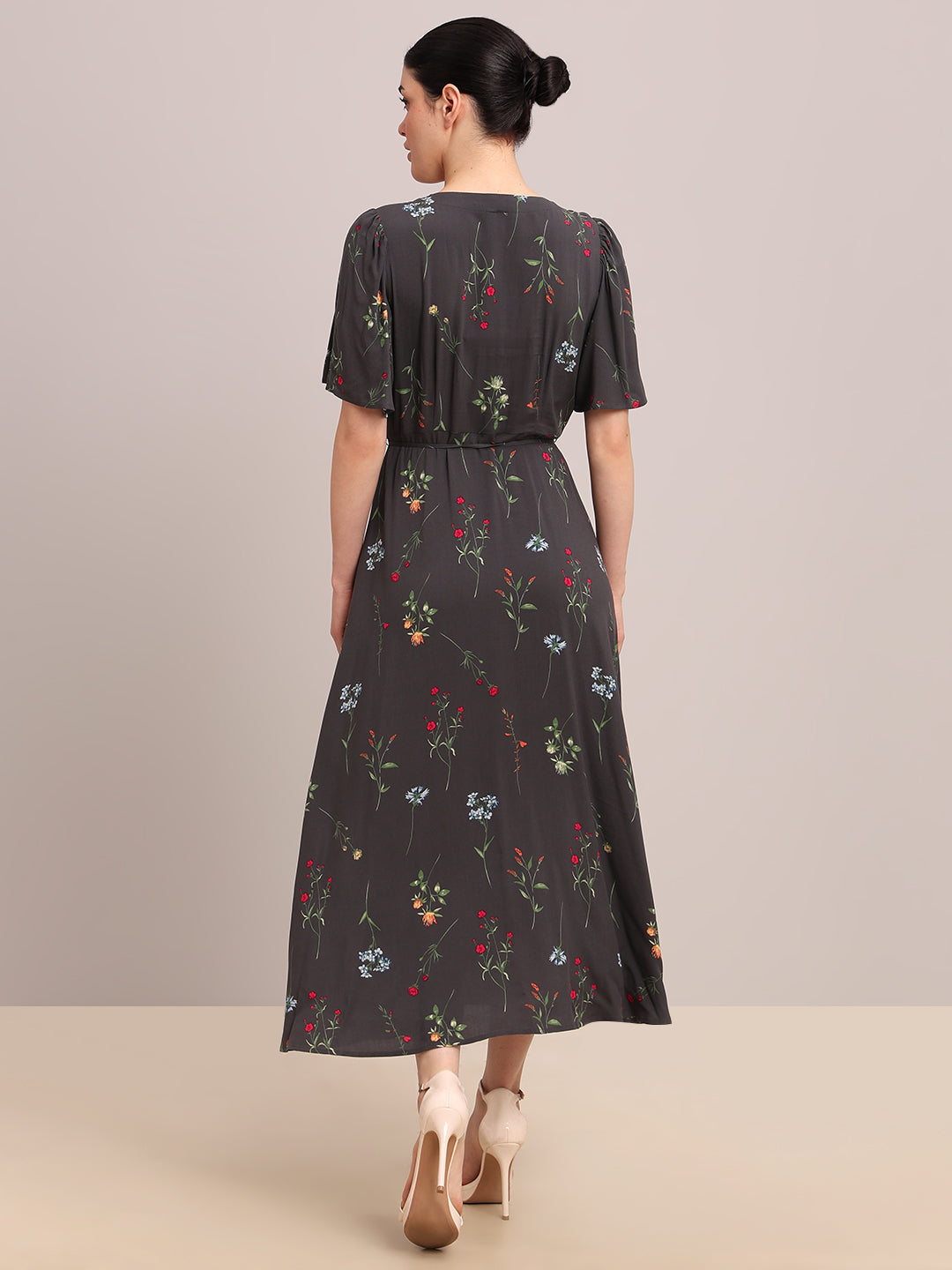 Grey Floral V-Neck Midi Dress