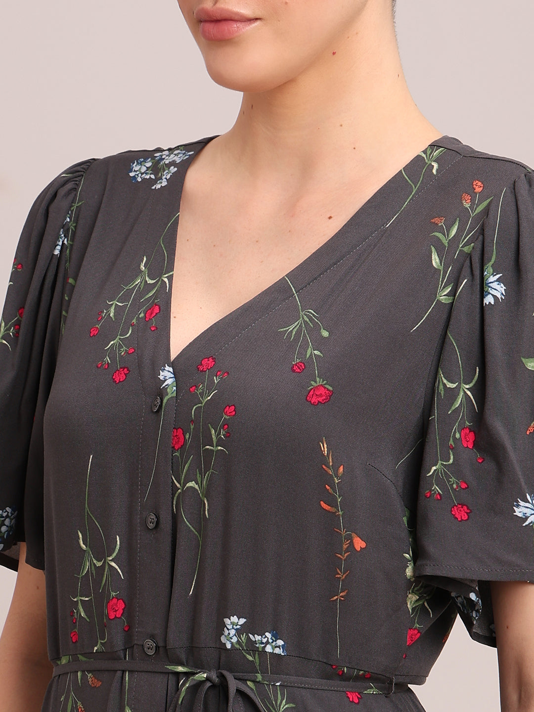 Grey Floral V-Neck Midi Dress