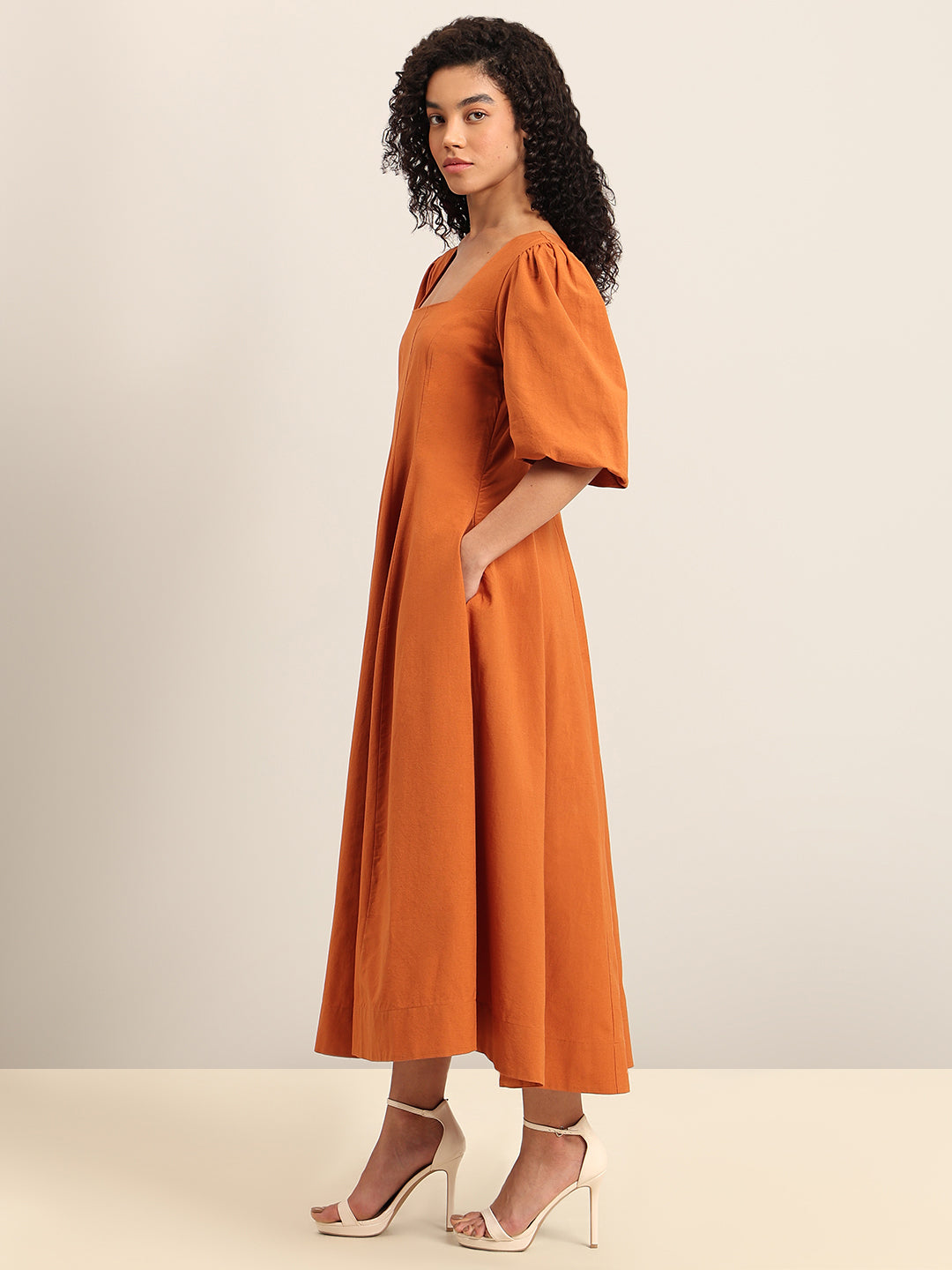 Rust Square Neck Midi Dress