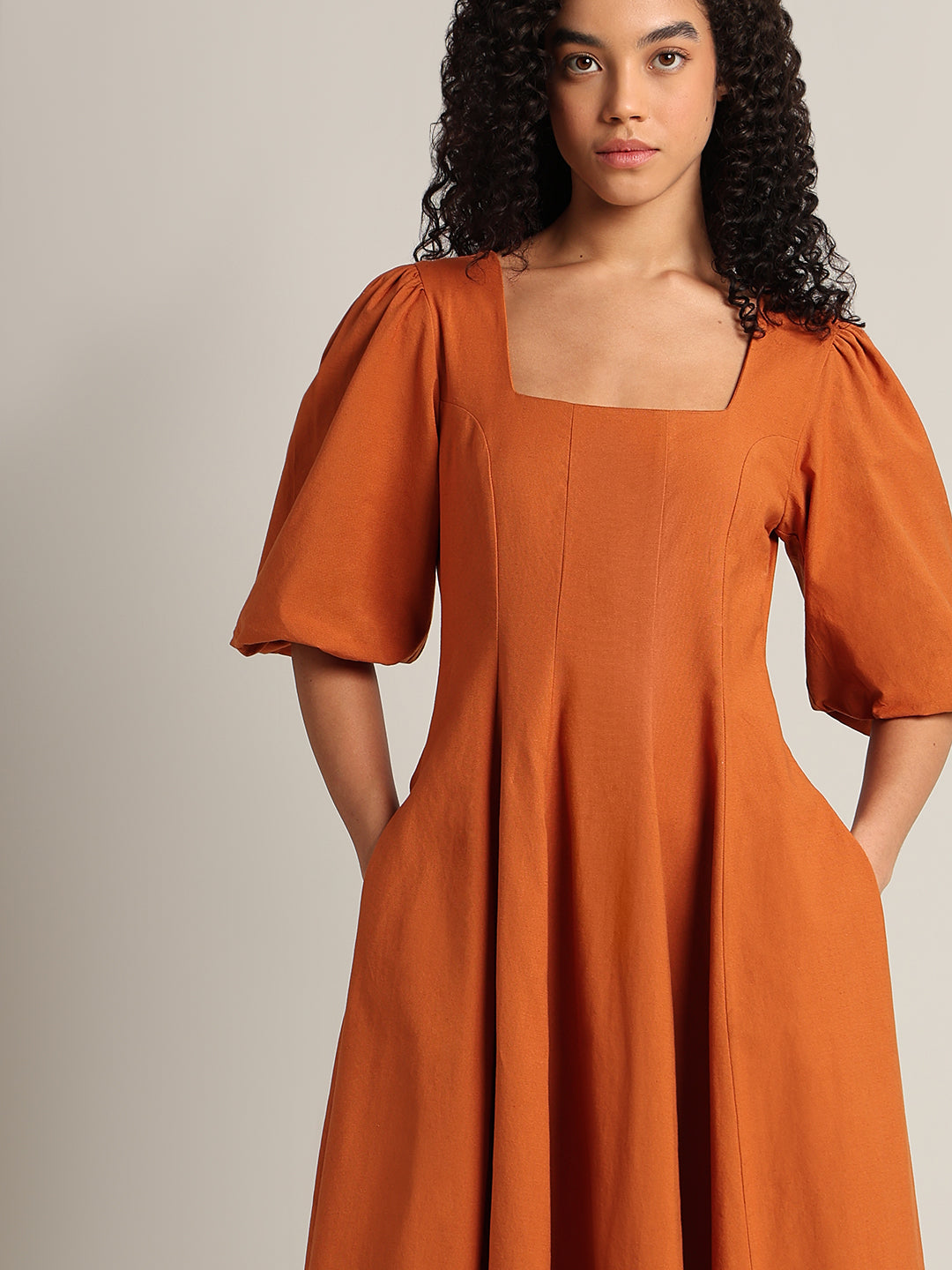 Rust Square Neck Midi Dress