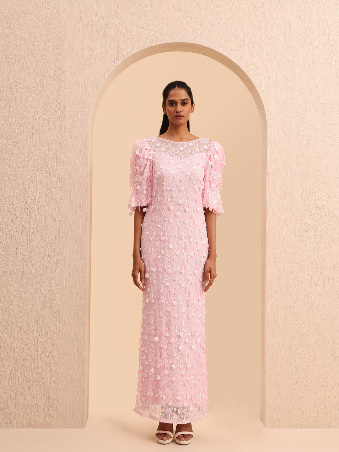 Pink Embellished Puff Sleeves Dress